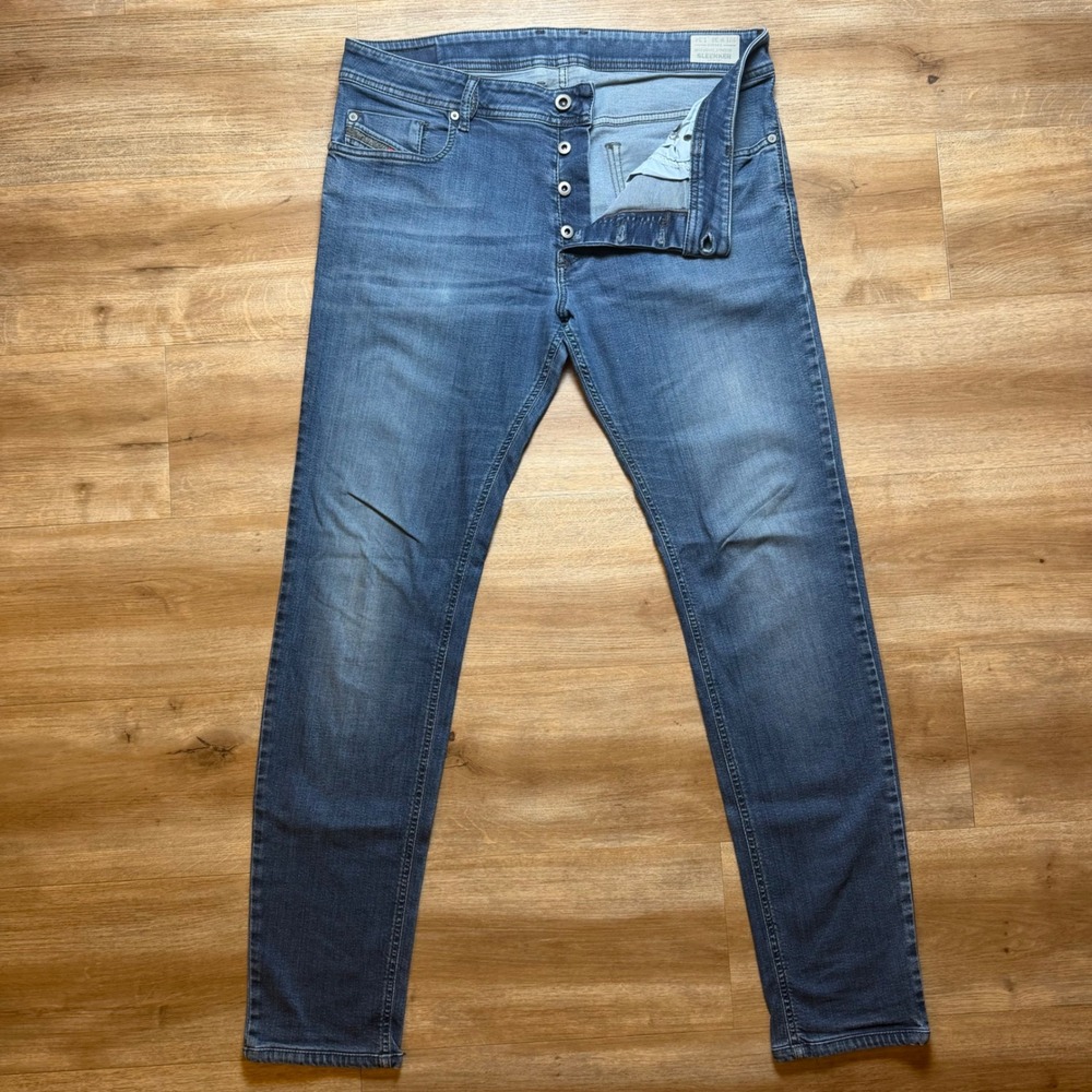 Diesel Sleenker Jeans Mens 36x32 Blue Slim Skinny Stretch Button Fly 0854E Denim
